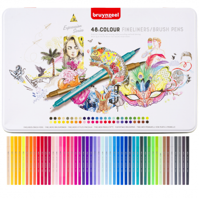 Набор брашпенов с линером Bruynzeel Fineliner / Brush Pens 48 цветов в пенале
