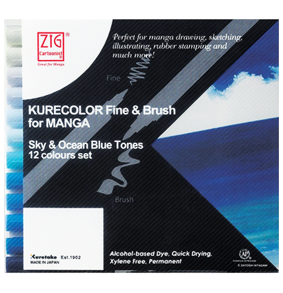 Набор маркеров для скетчей ZIG Kurecolor Fine & Brush 12 Sky / Ocean Blue (сине-голубые)