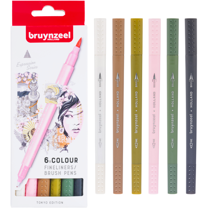 Набор брашпенов с линером Bruynzeel Fineliner / Brush Pens 6 цветов "Токио"