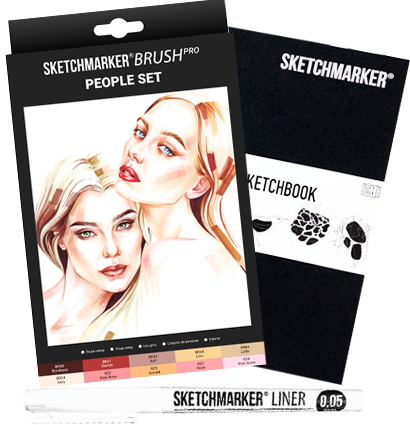 Набор для скетчей Sketchmarker Brush Pro People Set 10 маркеров, скетчбук, линер
