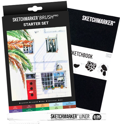 Набор для скетчей Sketchmarker Brush Pro Starter Set 10 маркеров, скетчбук, линер