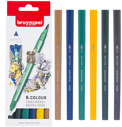Набор брашпенов с линером Bruynzeel Fineliner / Brush Pens 6 цветов "Нью-Йорк"