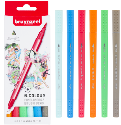 Набор брашпенов с линером Bruynzeel Fineliner / Brush Pens 6 цветов "Рио"