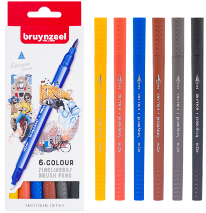 Набор брашпенов с линером Bruynzeel Fineliner / Brush Pens 6 цветов "Амстердам"