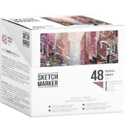 Набор маркеров Скетчмаркер / Sketchmarker "Royal Gray - Королевский серый" 48 цветов в пластиковом кейсе