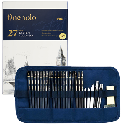 Набор для скетчинга Finenolo Sketch карандаши, ластики, аксессуары 27 предметов в пенале-свитке
