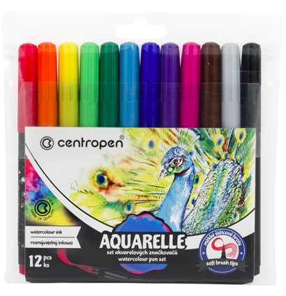 Набор акварельных маркеров с кистью Aquarelle Centropen 12 цветов