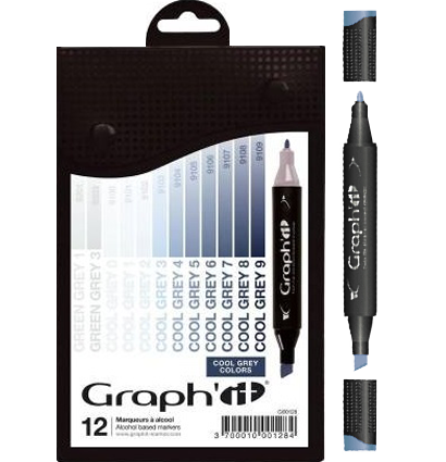 Набор маркеров для скетчей Graph'It Classic Cool Greys 12 штук в пенале (холодные серые)