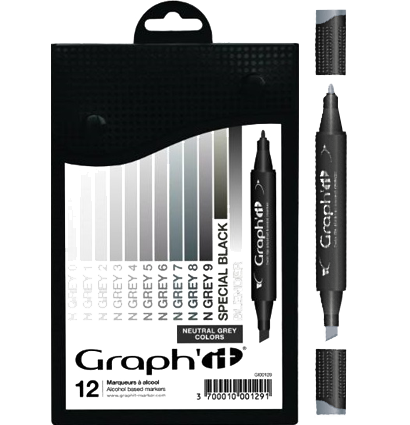Набор маркеров для скетчей Graph'It Classic Neutral Greys 12 штук в пенале (нейтральные серые)