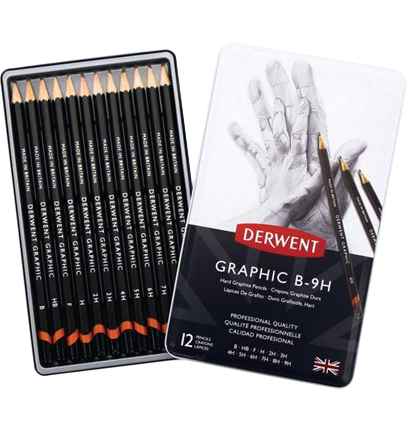 Набор чернографитных карандашей Derwent Graphic 12 Hard B-9H в пенале