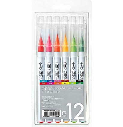 Набор японских маркеров с кистью ZIG Clean Color Real Brush 12 цветов