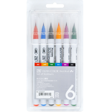 Набор японских маркеров с кистью ZIG Clean Color Real Brush 6 цветов