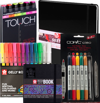 Скетчбокс "Яркие скетчи" маркеры Touch Twin 6, Copic Ciao 6, скетчбуки ArtCreation, ручки Sakura 12