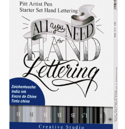 Набор линеров и брашпенов для леттеринга "Оттенки серого" Faber-Castell Pitt Artist Pen 7 штук + карандаш и точилка