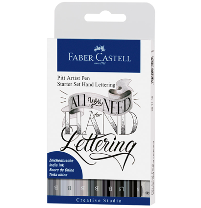 Набор линеров и брашпенов для леттеринга "Оттенки серого" Faber-Castell Pitt Artist Pen 7 штук + карандаш и точилка